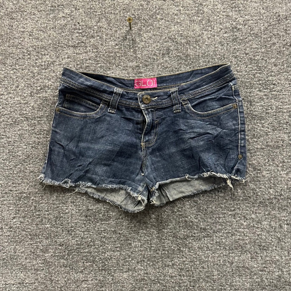 Glo Denim Shorts Womens Size 9 Dark Wash Cutoff Raw Hem Casual Summer Stretch